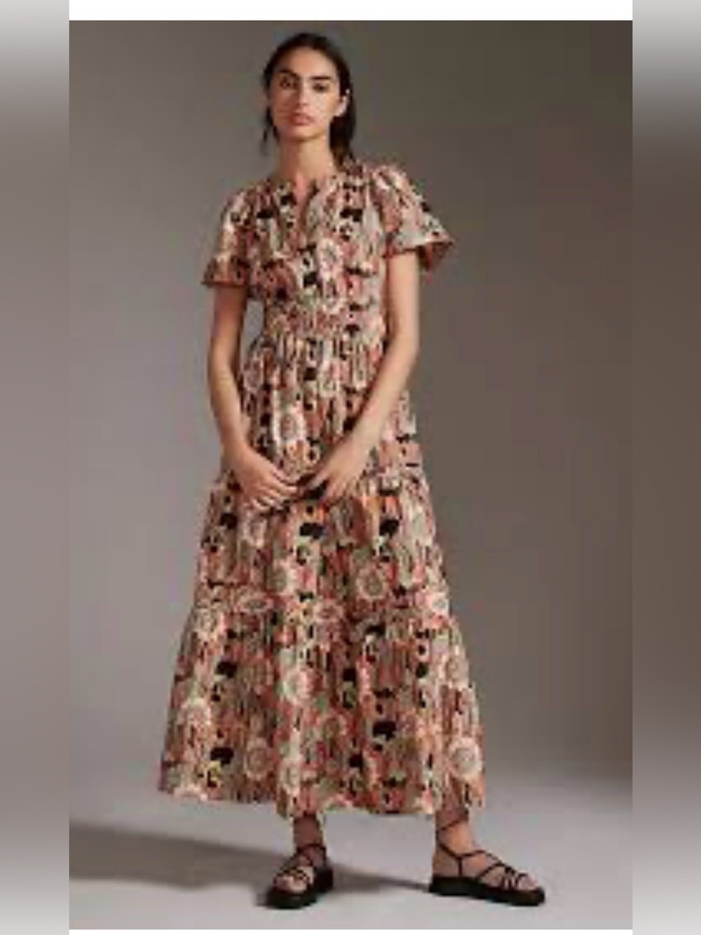 Anthropologie Maeve Somerset Maxi Dress Orange Pink Green Floral Retro M